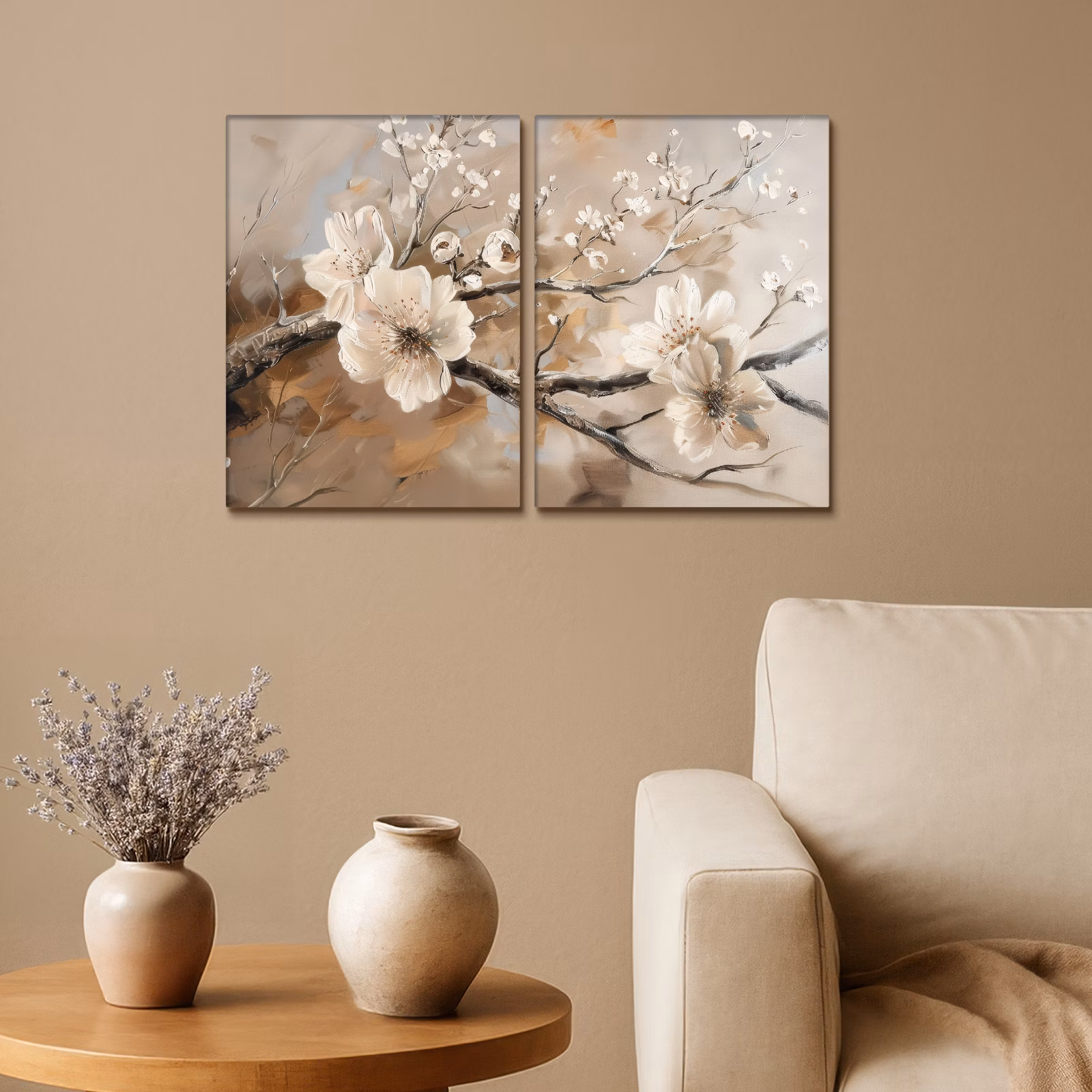 Meerluik schilderij - 2 luiken - Bloesem - Beige - Abstract - Bloemen — 1