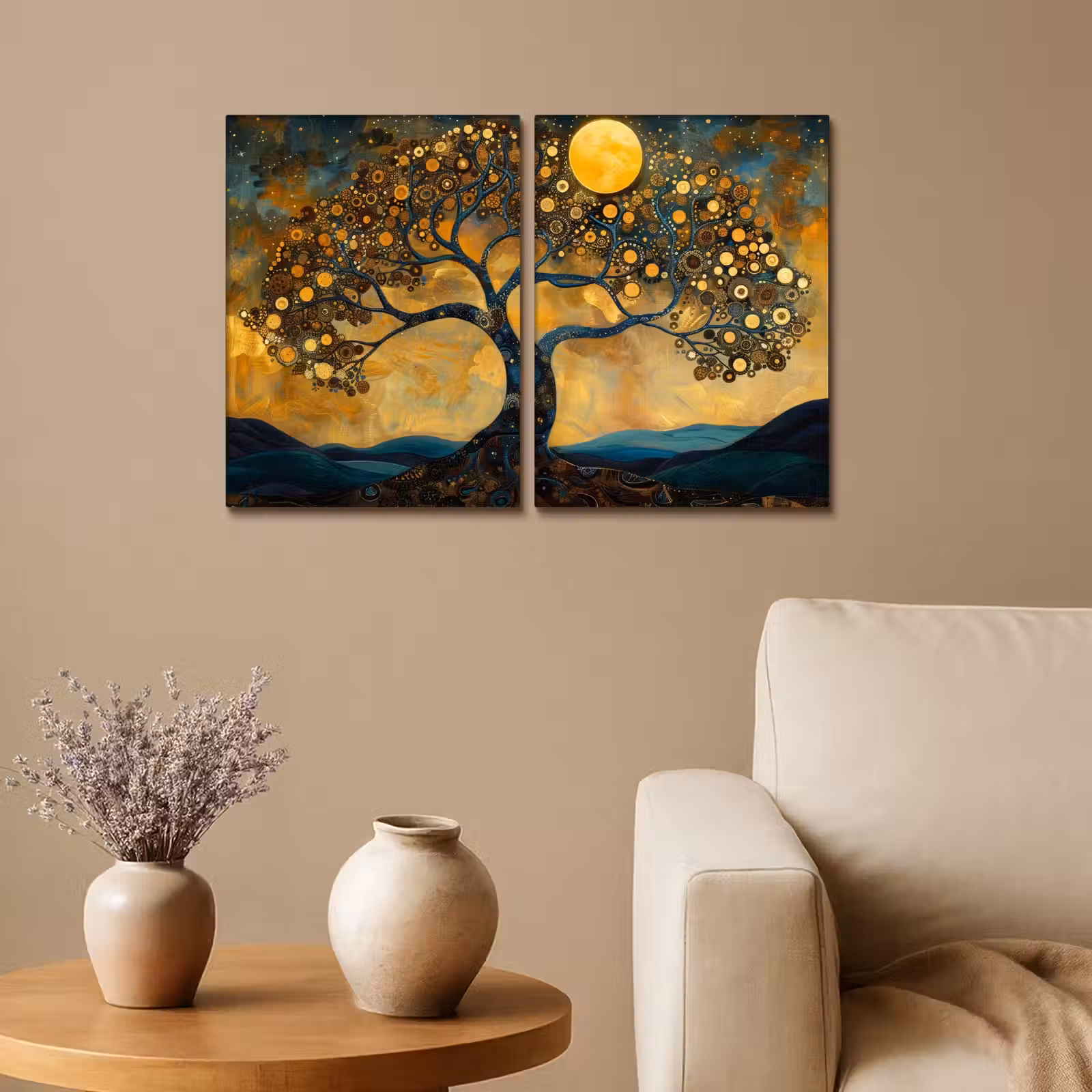 Meerluik schilderij - 2 luiken - Boom - Geel - Abstract - Modern — 1