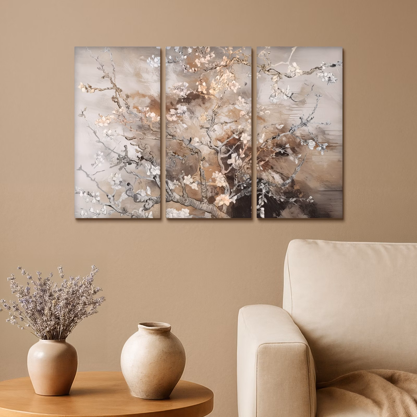 Meerluik schilderij - 3 luiken - Amandelbloesem - Abstract - Beige — 1