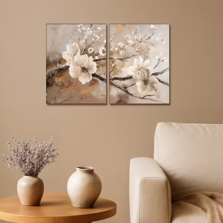 Meerluik schilderij - 2 luiken - Bloesem - Beige - Abstract - Bloemen — 1
