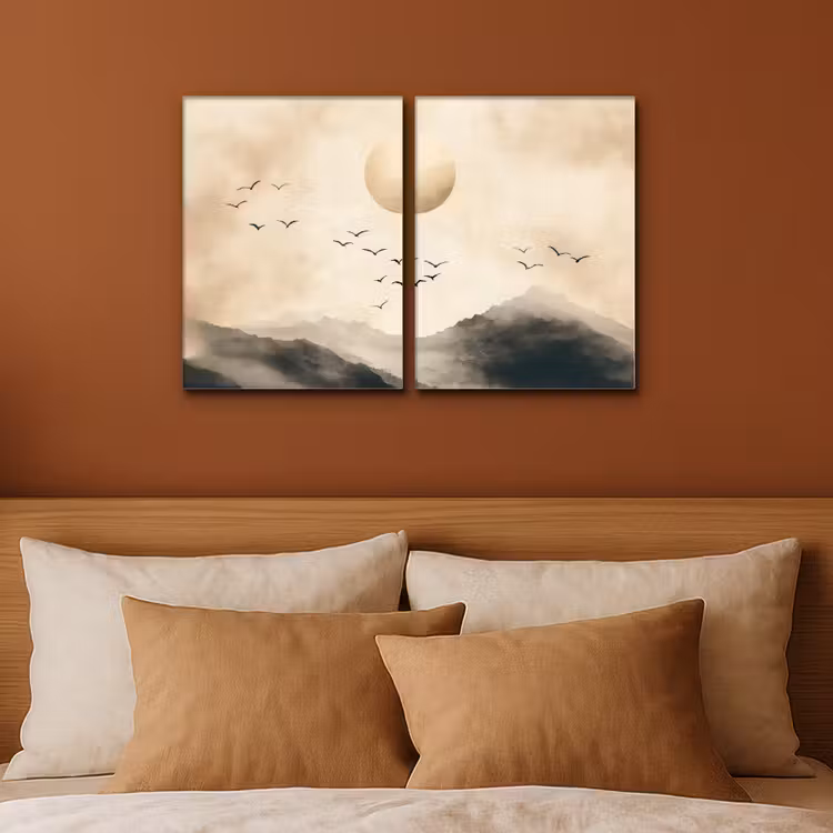 Meerluik schilderij - 2 luiken - Landschap - Japandi - Beige - Vogels — 3