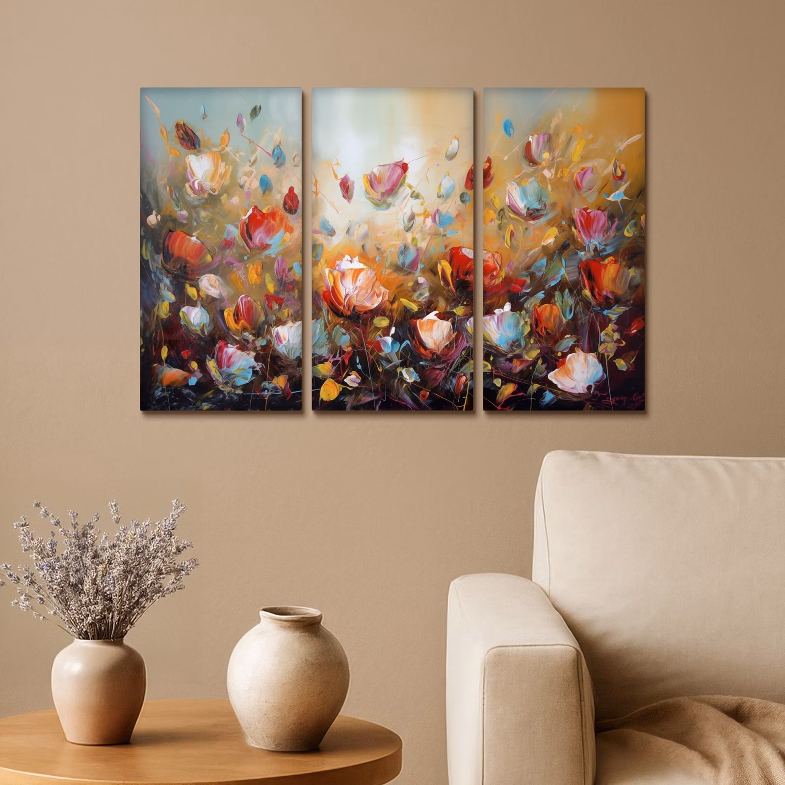 Meerluik schilderij - 3 luiken - Bloemen - Abstract - Verflook - Kleurrijk — 1