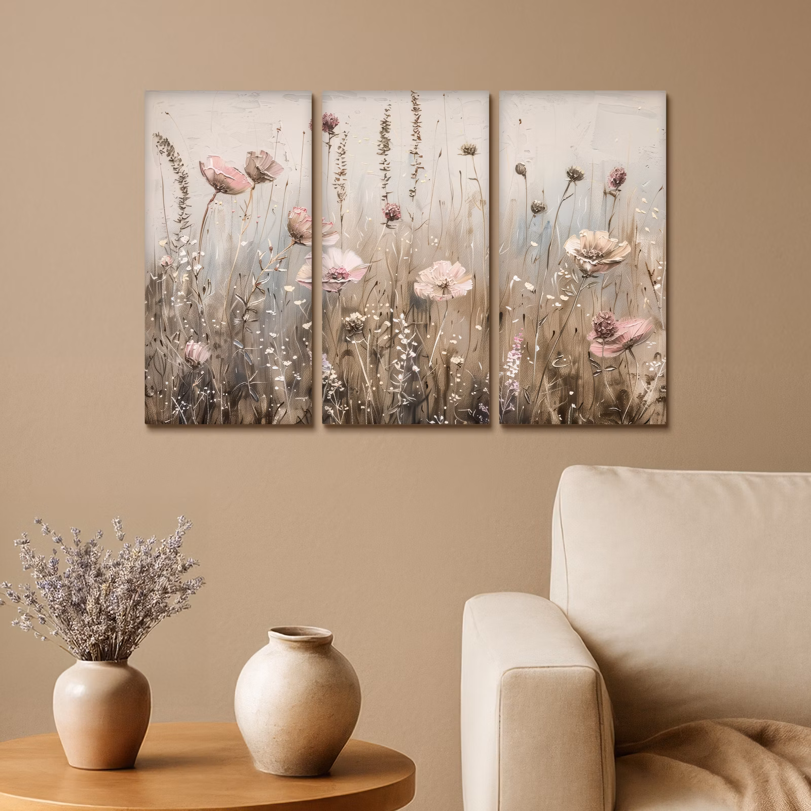 Meerluik schilderij - 3 luiken - Bloemen - Beige - Modern - Roze — 1