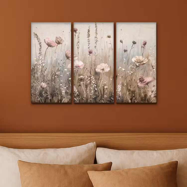 Meerluik schilderij - 3 luiken - Bloemen - Beige - Modern - Roze — 3