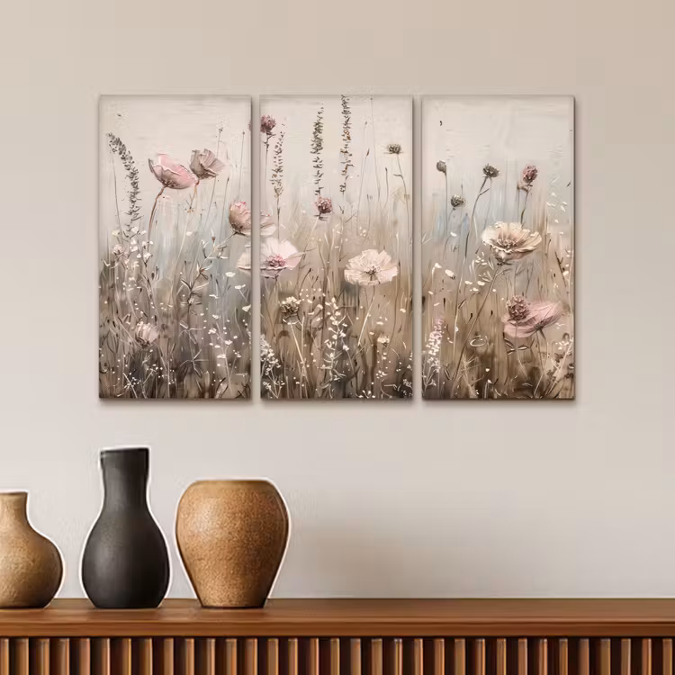 Meerluik schilderij - 3 luiken - Bloemen - Beige - Modern - Roze — 4