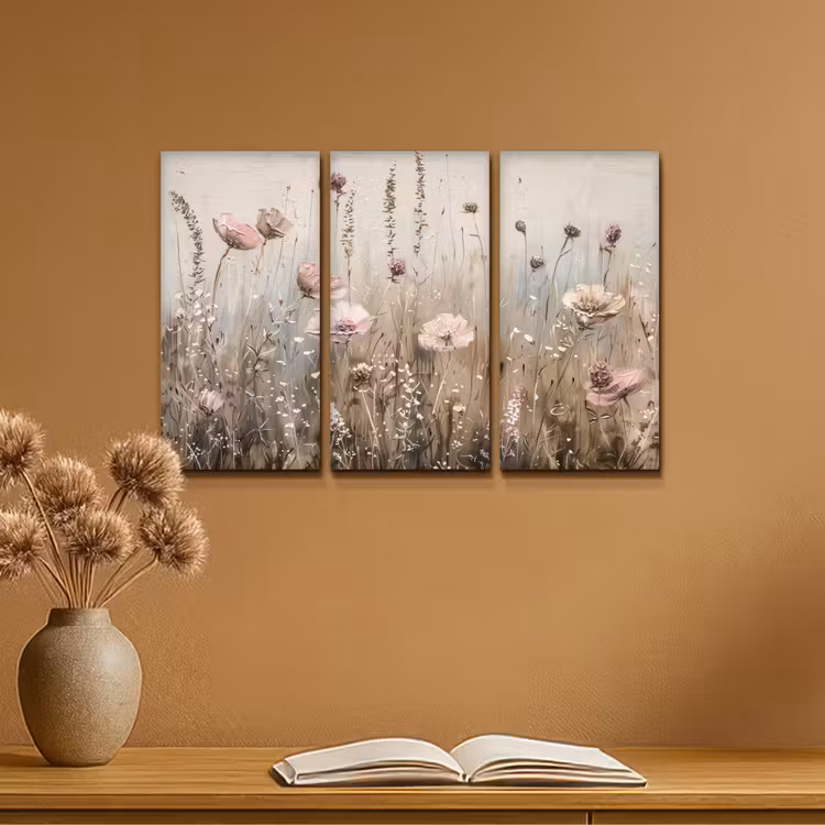 Meerluik schilderij - 3 luiken - Bloemen - Beige - Modern - Roze — 6