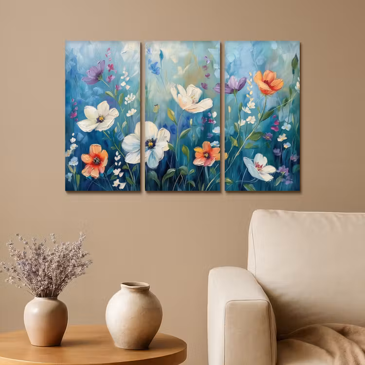 Meerluik schilderij - 3 luiken - Bloemen - Kleurrijk - Blauw - Natuur — 1