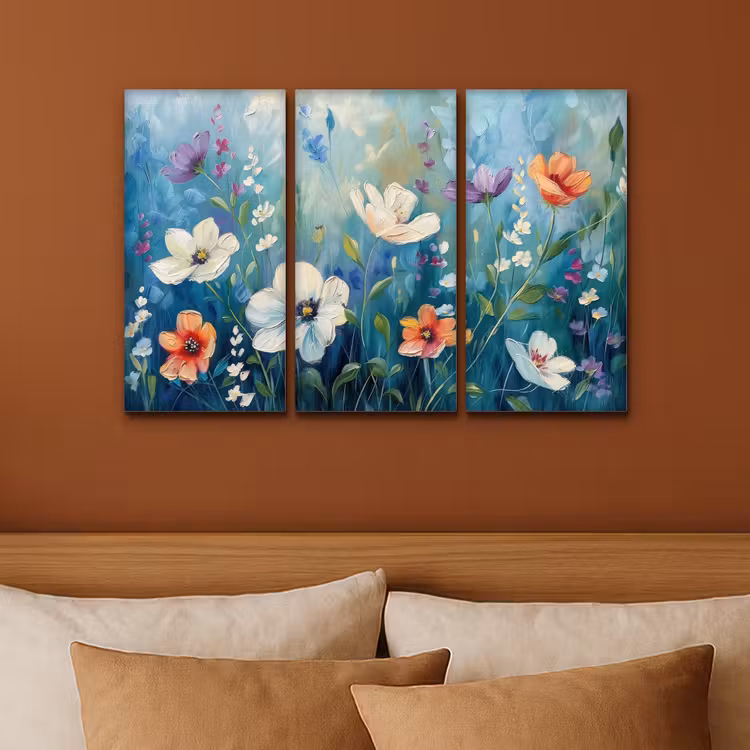 Meerluik schilderij - 3 luiken - Bloemen - Kleurrijk - Blauw - Natuur — 3