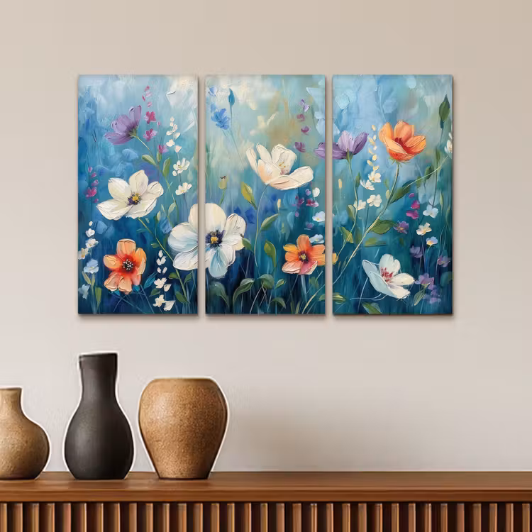 Meerluik schilderij - 3 luiken - Bloemen - Kleurrijk - Blauw - Natuur — 4