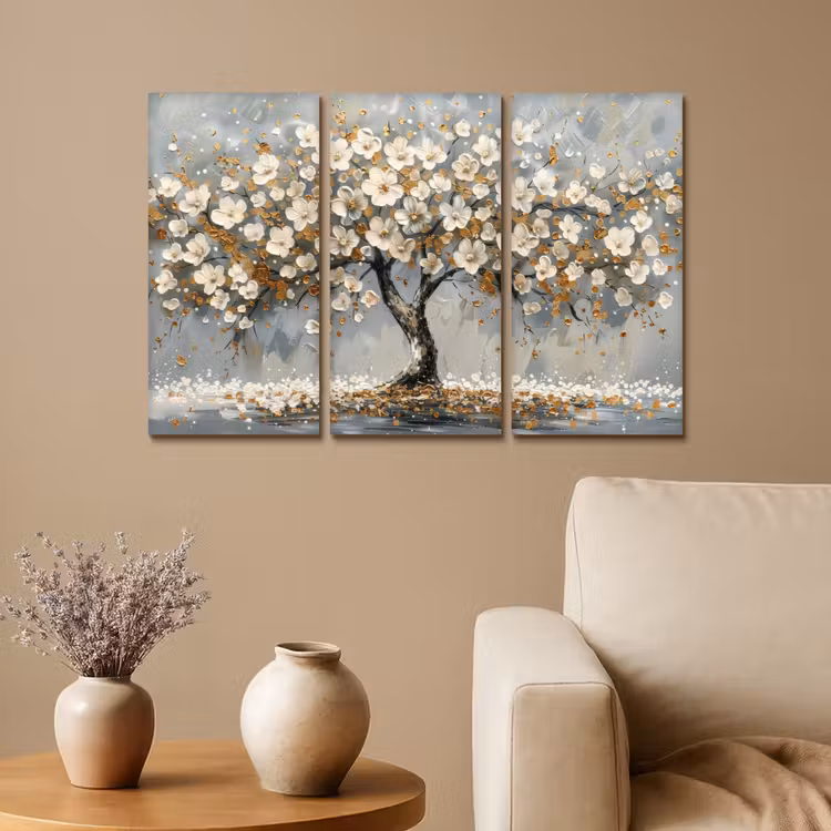 Meerluik schilderij - 3 luiken - Boom - Abstract - Wit - Bloesem — 1