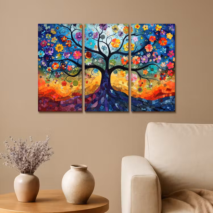 Meerluik schilderij - 3 luiken - Kleurrijk - Levensboom - Bloemen - Abstract — 1