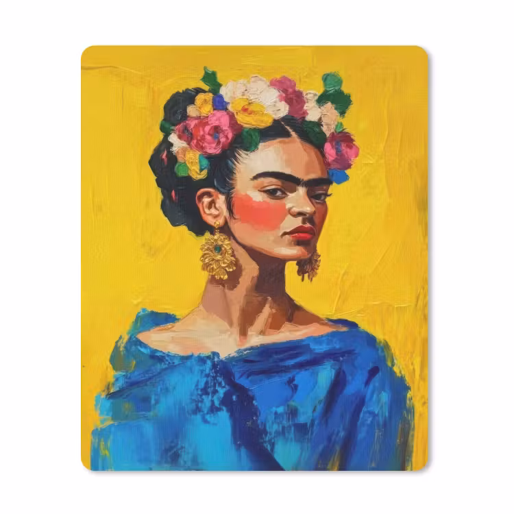 Muismat - Frida Kahlo - Vrouw - Geel - Blauw - Bloemen — 1