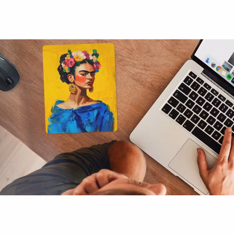 Muismat - Frida Kahlo - Vrouw - Geel - Blauw - Bloemen — 2