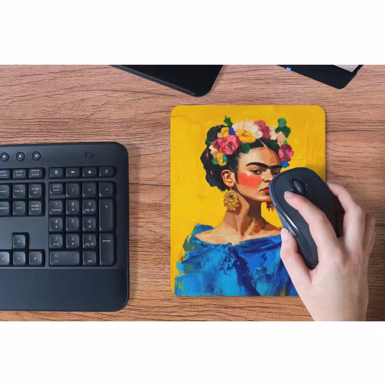 Muismat - Frida Kahlo - Vrouw - Geel - Blauw - Bloemen — 3