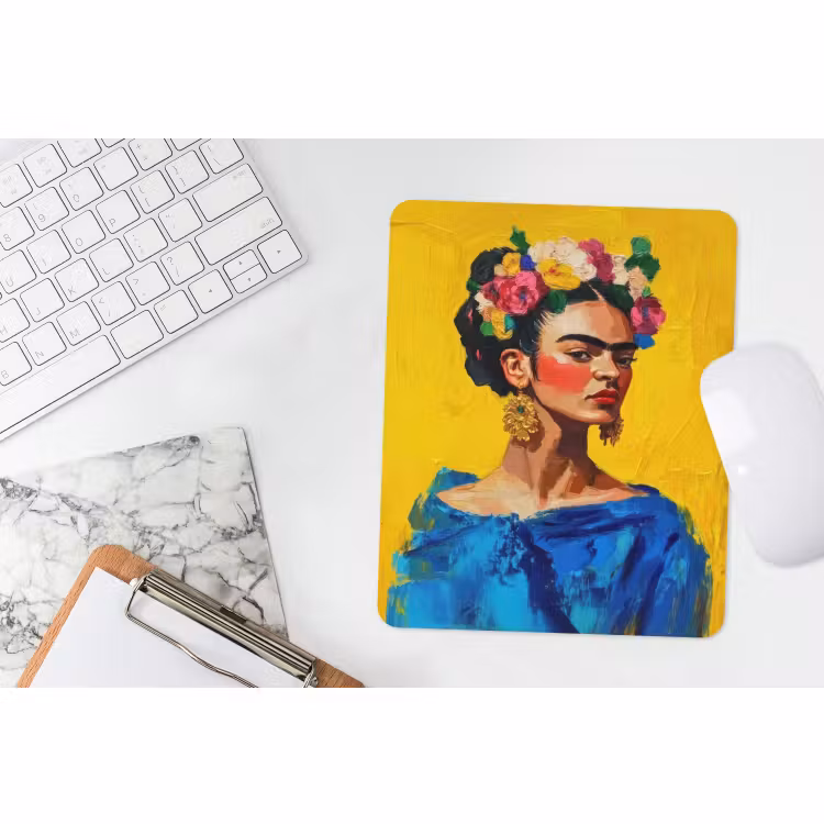 Muismat - Frida Kahlo - Vrouw - Geel - Blauw - Bloemen — 4