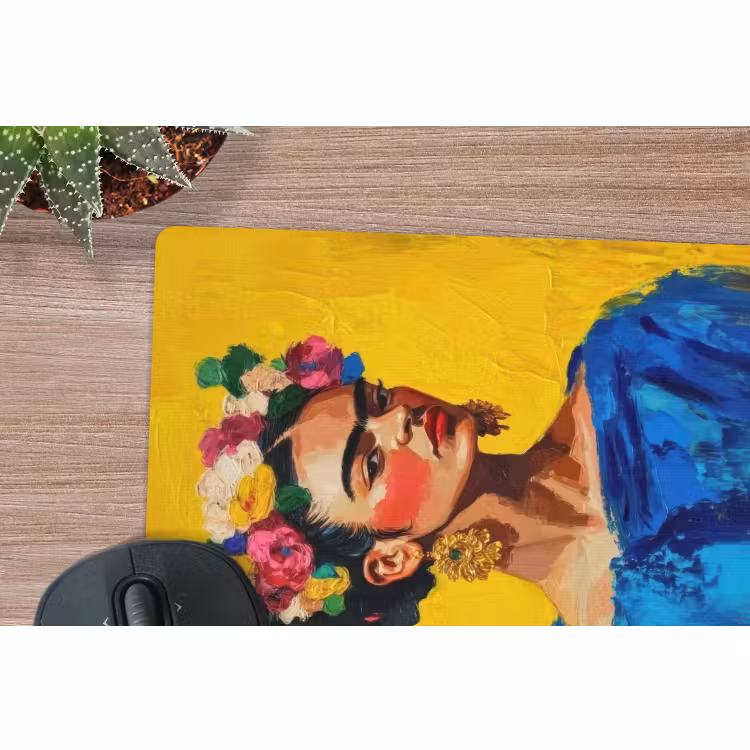Muismat - Frida Kahlo - Vrouw - Geel - Blauw - Bloemen — 5