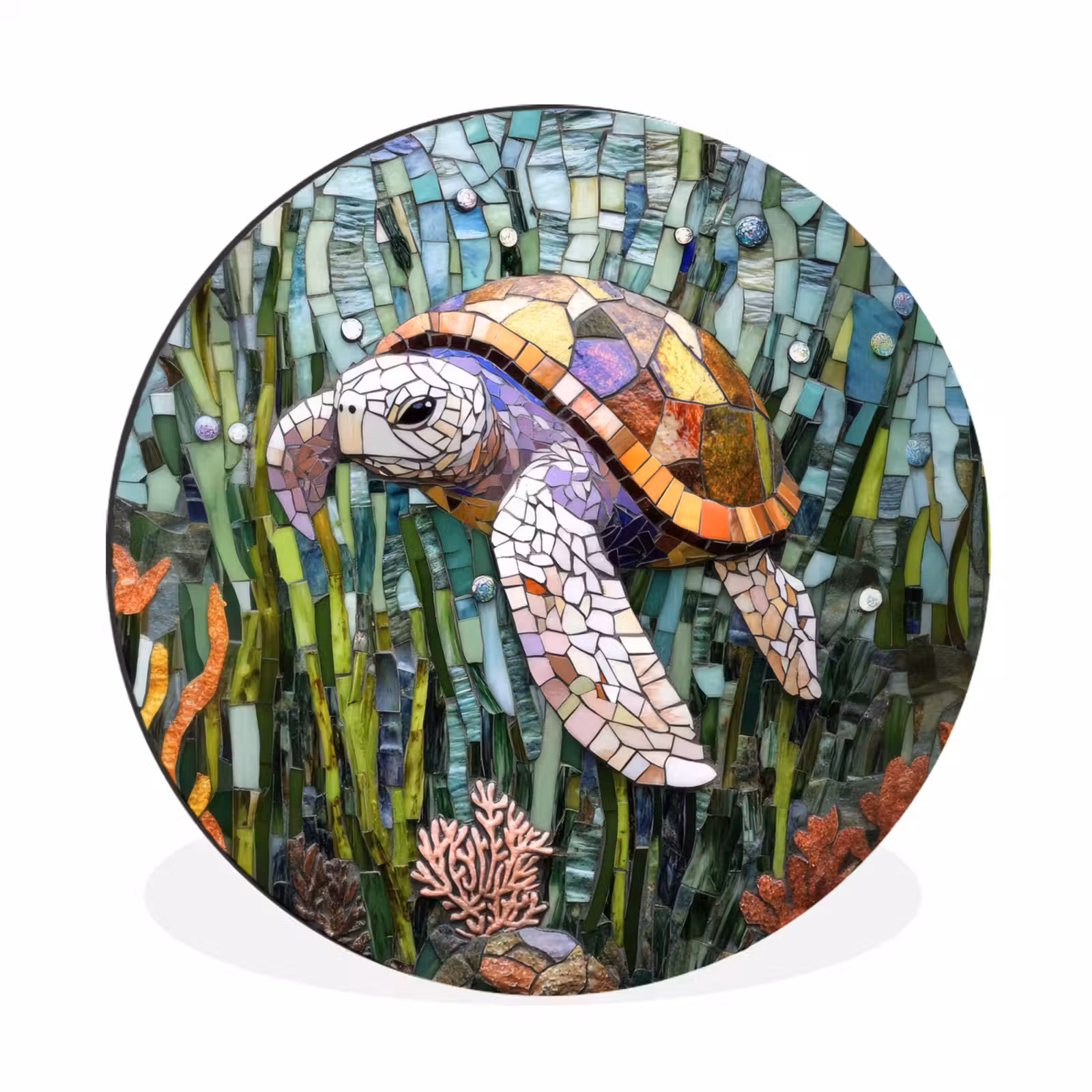 Muurcirkel aluminium Schildpad - Zeewier - Mozaïek — 1