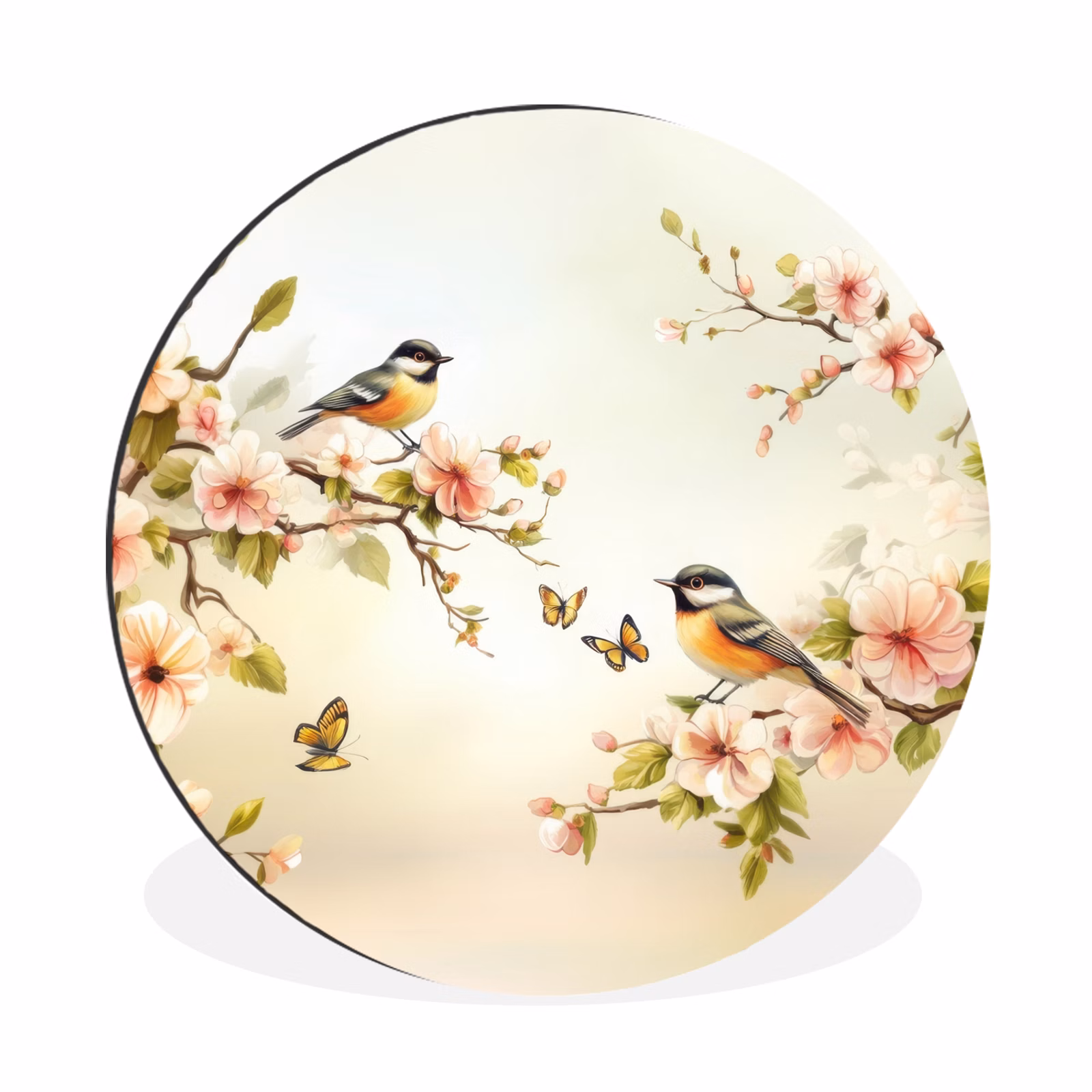 Muurcirkel aluminium Takken - Bloemen - Vogeltjes - Roze — 1