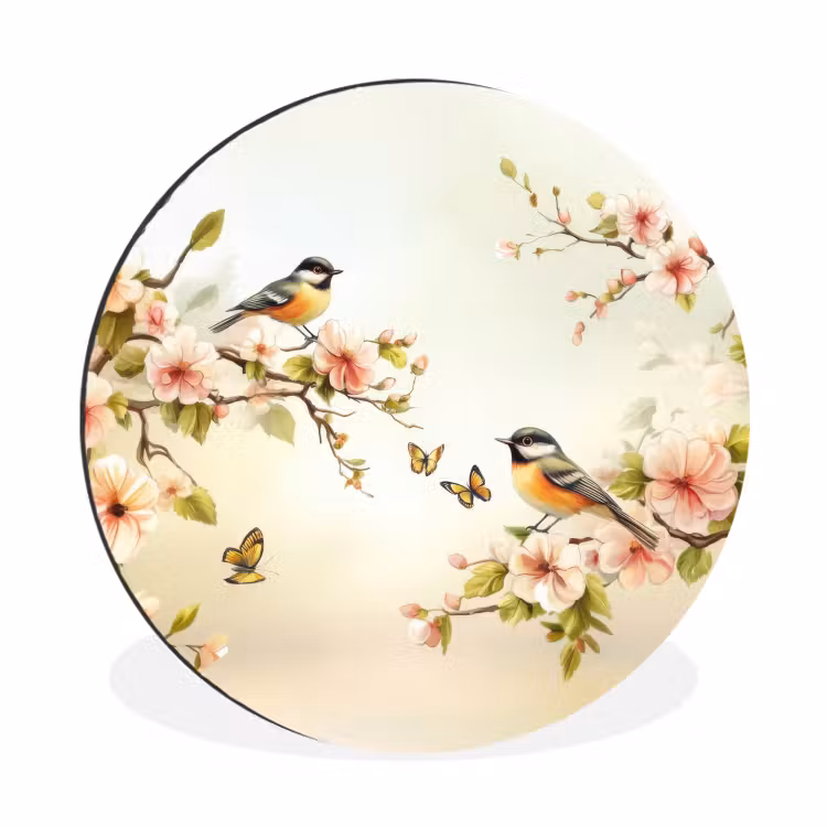 Muurcirkel aluminium Takken - Bloemen - Vogeltjes - Roze — 1
