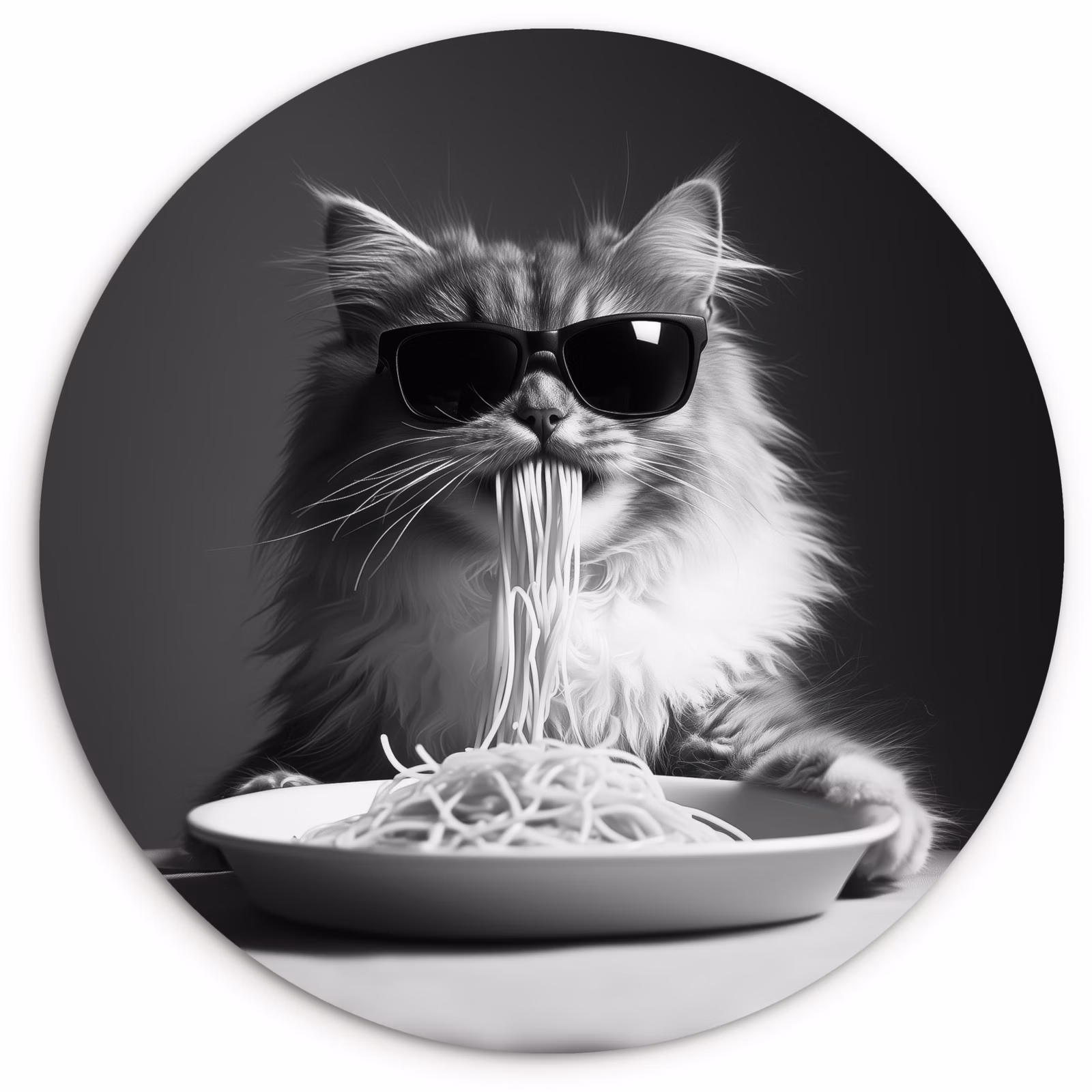 Muurcirkel glas - Langharige kat - Zonnebril - Spaghetti - Humor - Zwart - wit — 1