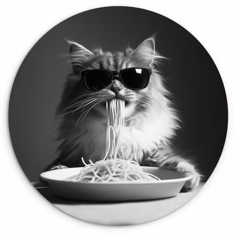 Muurcirkel glas - Langharige kat - Zonnebril - Spaghetti - Humor - Zwart - wit — 1