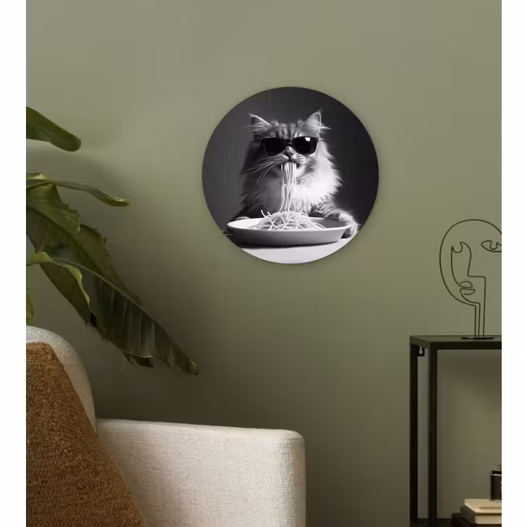 Muurcirkel glas - Langharige kat - Zonnebril - Spaghetti - Humor - Zwart - wit — 3