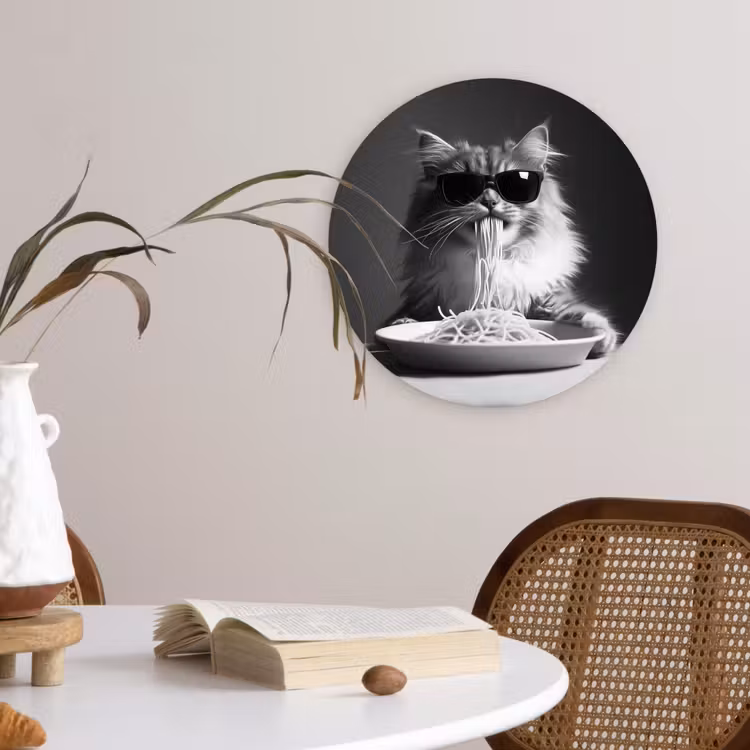 Muurcirkel glas - Langharige kat - Zonnebril - Spaghetti - Humor - Zwart - wit — 4