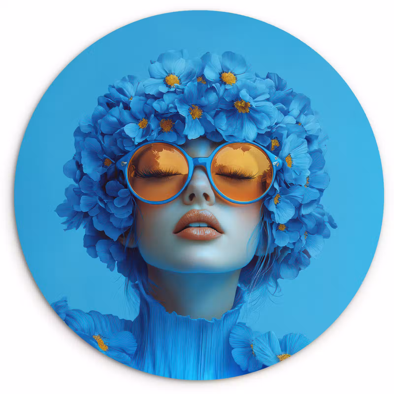 Muurcirkel glas - Vrouw - Bloem - Blauw - Modern - Bril - Portret — 1