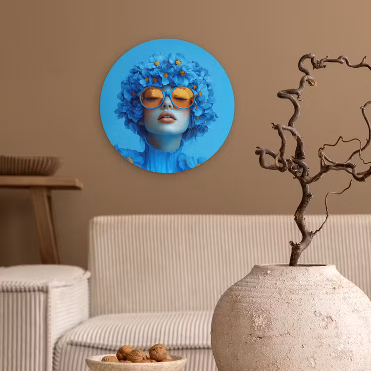 Muurcirkel glas - Vrouw - Bloem - Blauw - Modern - Bril - Portret — 2