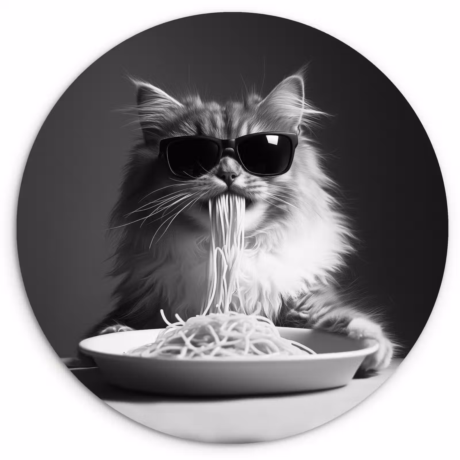 Muurcirkel - Langharige kat - Zonnebril - Spaghetti - Humor - Zwart - wit — 1
