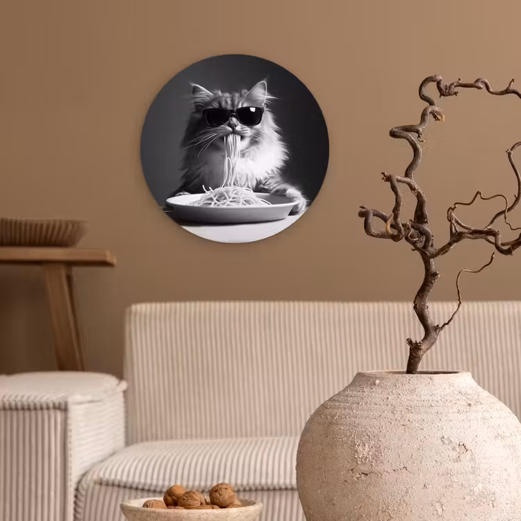 Muurcirkel - Langharige kat - Zonnebril - Spaghetti - Humor - Zwart - wit — 2