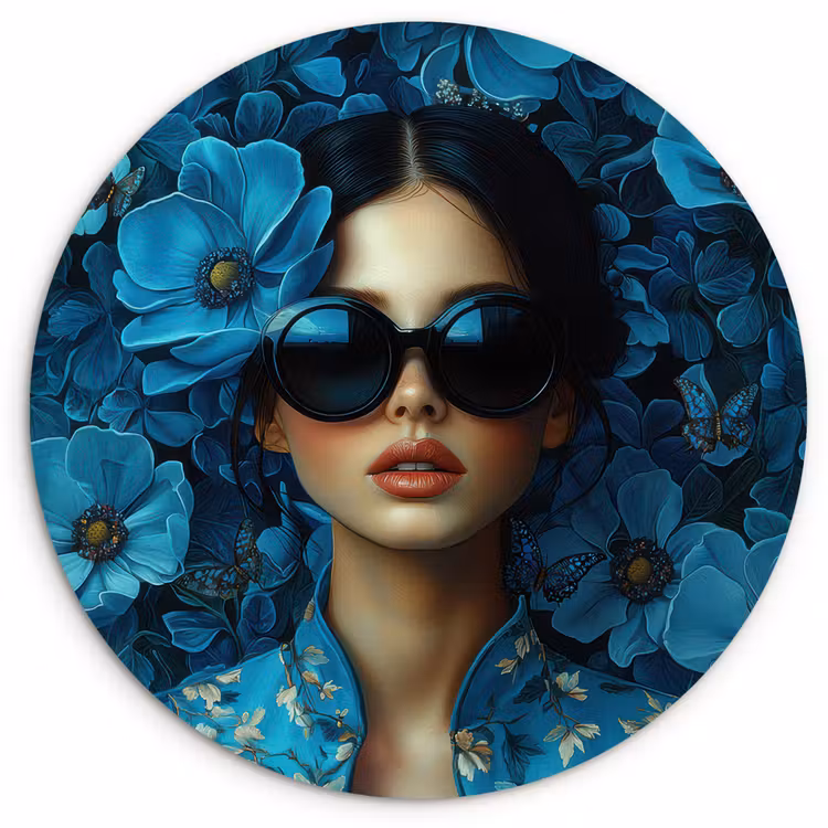 Muurcirkel - Vrouw - Bloemen - Blauw - Aesthetic - Luxe — 1