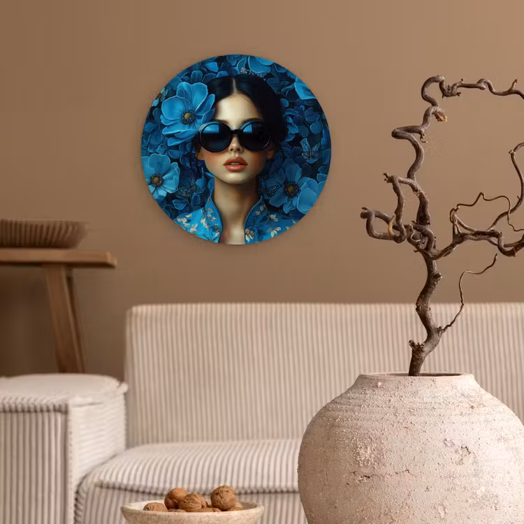 Muurcirkel - Vrouw - Bloemen - Blauw - Aesthetic - Luxe — 2