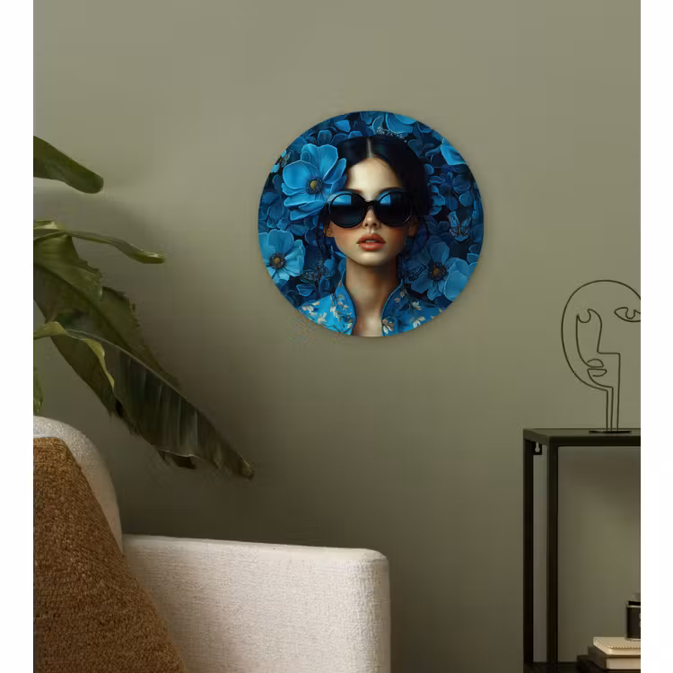 Muurcirkel - Vrouw - Bloemen - Blauw - Aesthetic - Luxe — 3