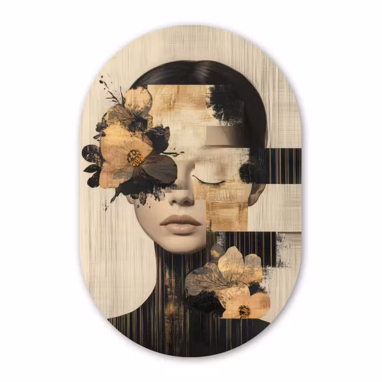 Muurovaal - Gezicht - Bloemen - Zwart - Vrouw — 2
