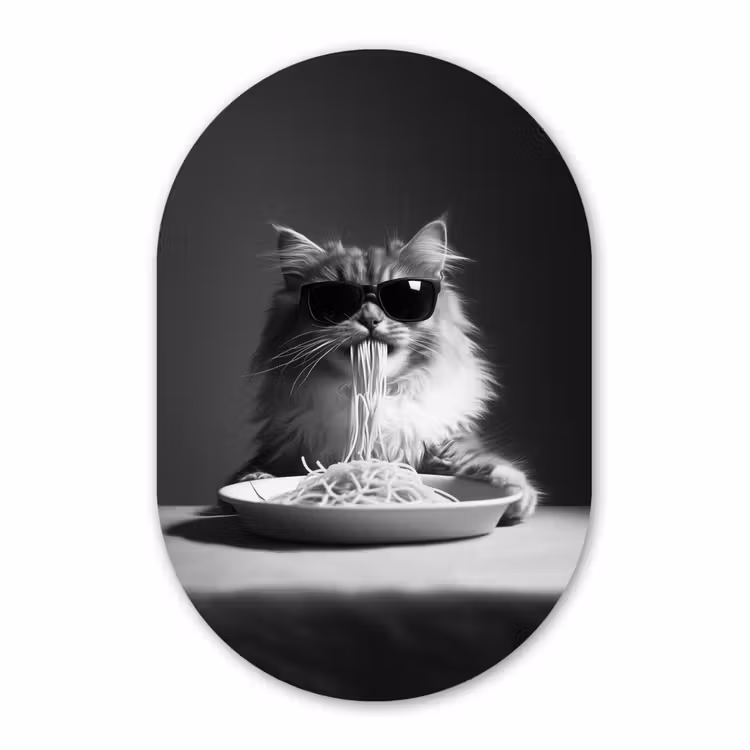 Muurovaal glas - Langharige kat - Zonnebril - Spaghetti - Humor - Zwart - wit — 1