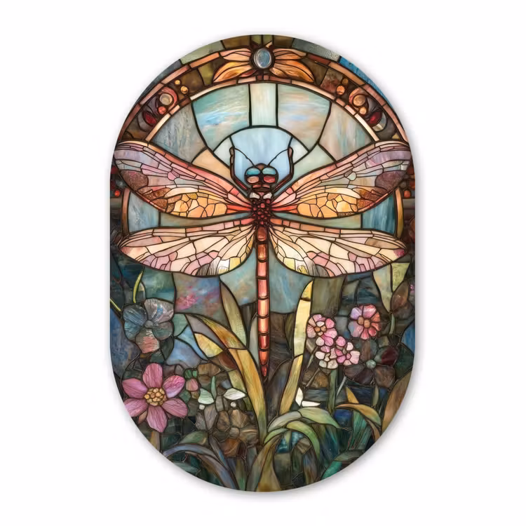Muurovaal glas - Libelle - Mozaïek - Bloemen - Kleurrijk — 1