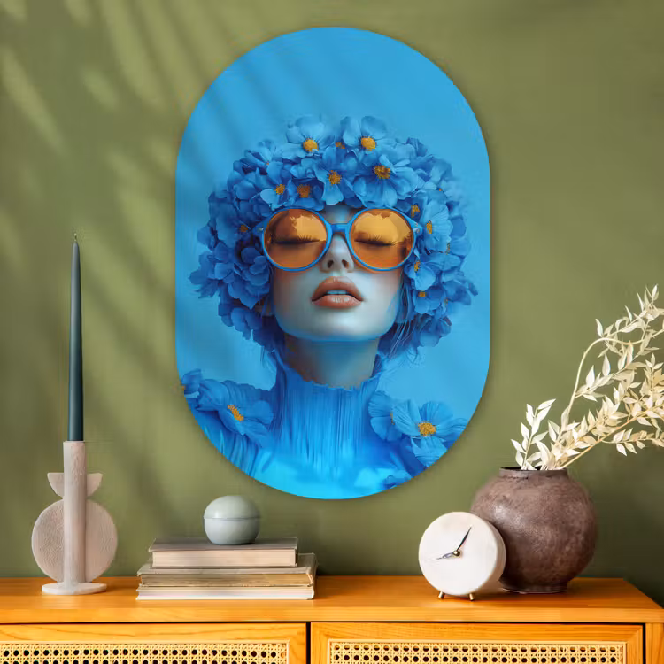 Muurovaal glas - Vrouw - Bloem - Blauw - Modern - Bril - Portret — 2