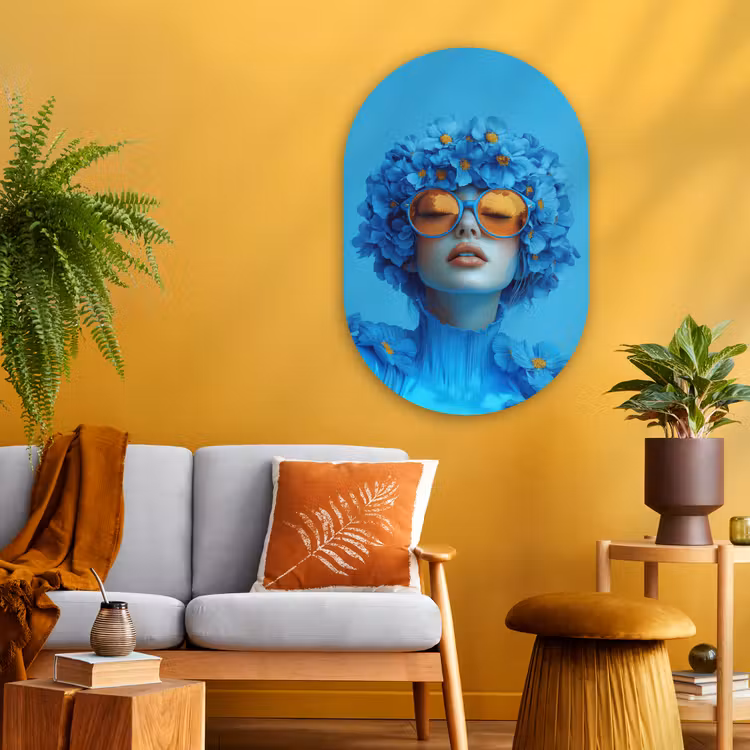 Muurovaal glas - Vrouw - Bloem - Blauw - Modern - Bril - Portret — 3