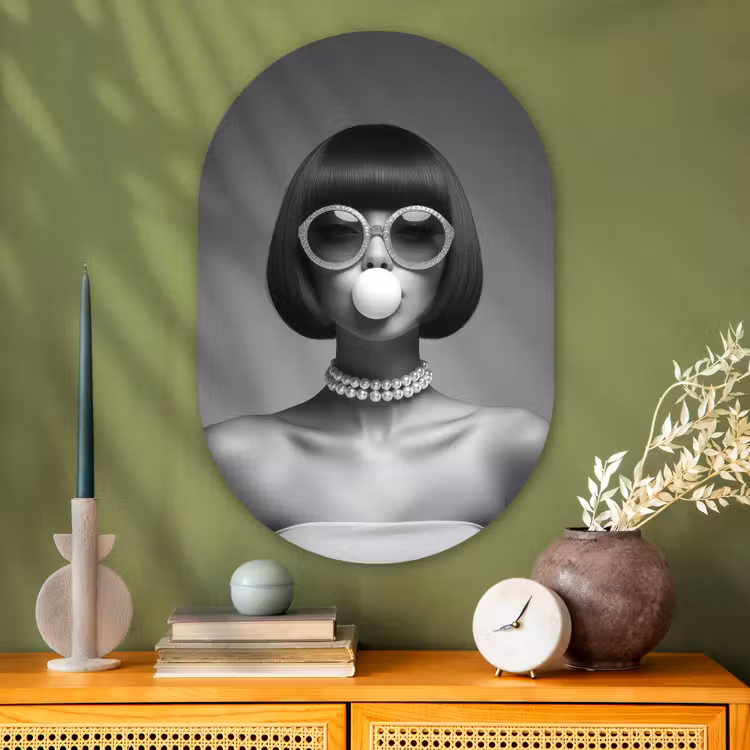 Muurovaal glas - Vrouw - Zwart Wit - Ketting - Zonnebril — 2
