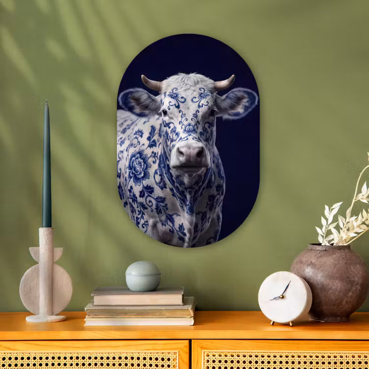 Muurovaal - Koe - Delfts - Blauw - Artistiek — 1