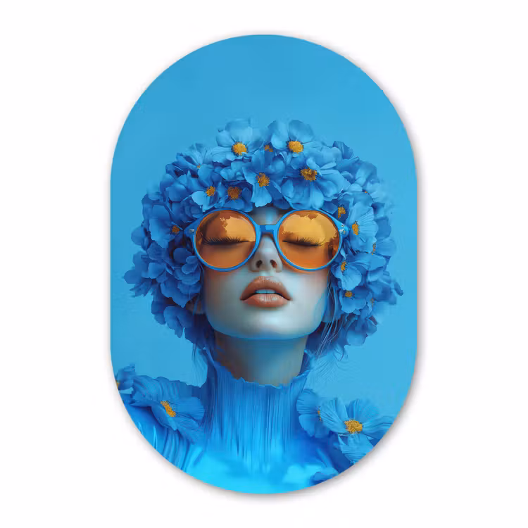 Muurovaal - Vrouw - Bloem - Blauw - Modern - Bril - Portret — 2