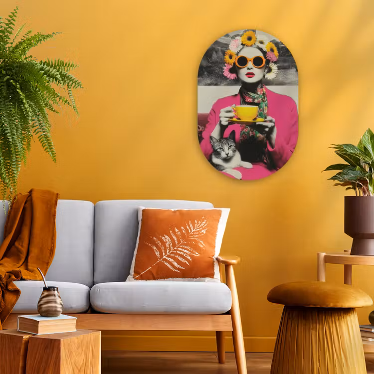 Muurovaal - Vrouw - Kat - Bloemen - Kopje - Retro — 1