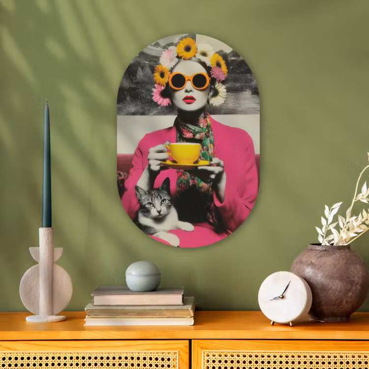Muurovaal - Vrouw - Kat - Bloemen - Kopje - Retro — 2