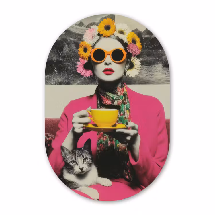 Muurovaal - Vrouw - Kat - Bloemen - Kopje - Retro — 3