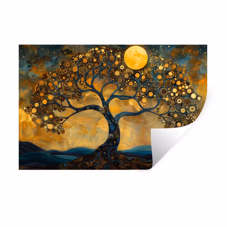 Muursticker - Boom - Maan - Bloemen - Goud - Kunst — 1