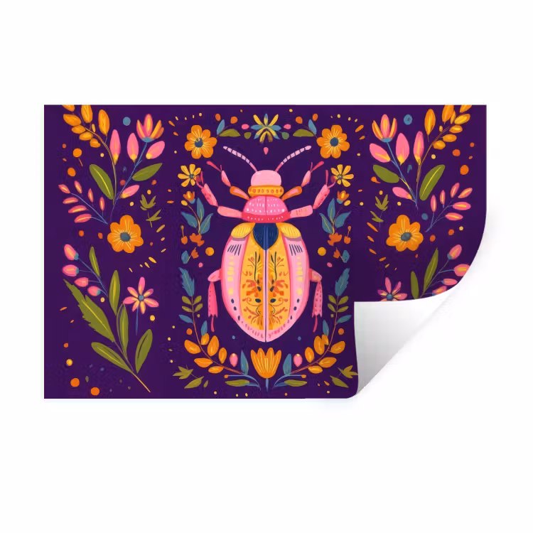 Muursticker - Kever - Felgekleurd - Bloemen - Bladeren — 1