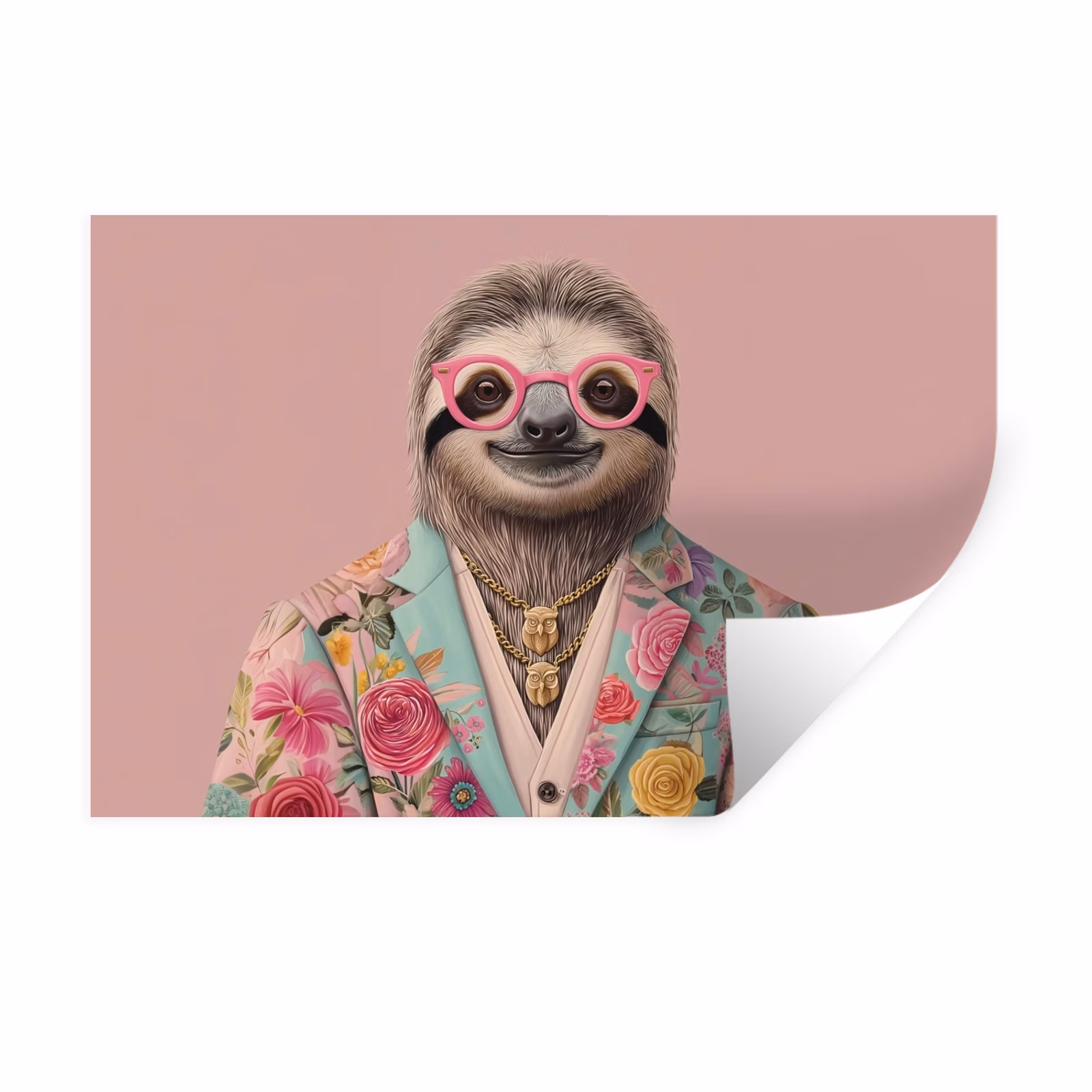 Muursticker - Luiaard - Bloemenprint - Bril - Roze — 1