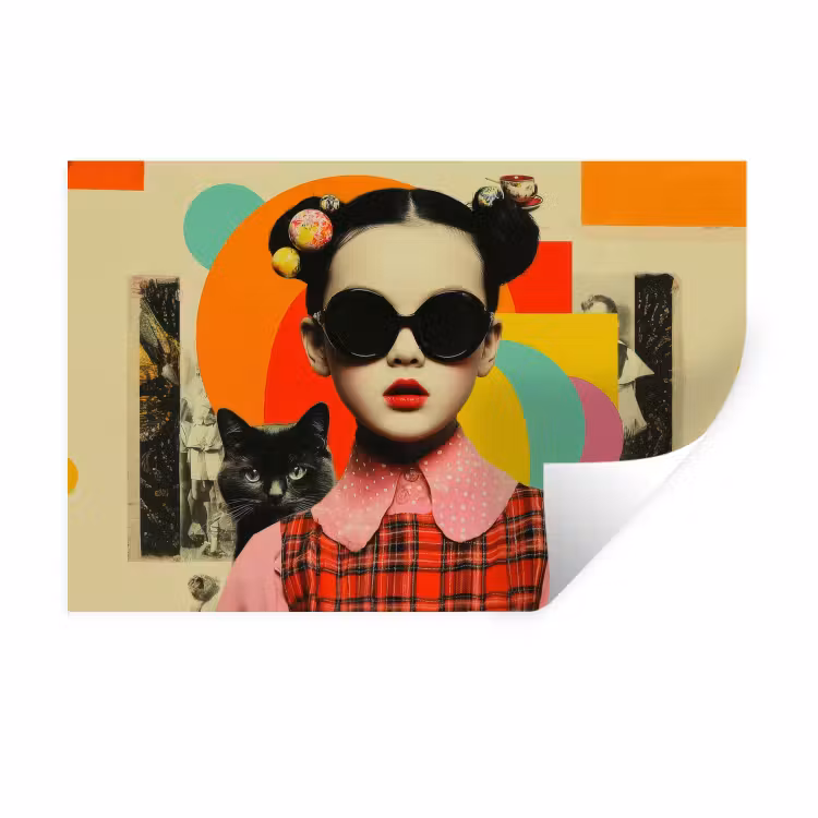 Muursticker - Meisje - Zonnebril - Kat - Retro — 1