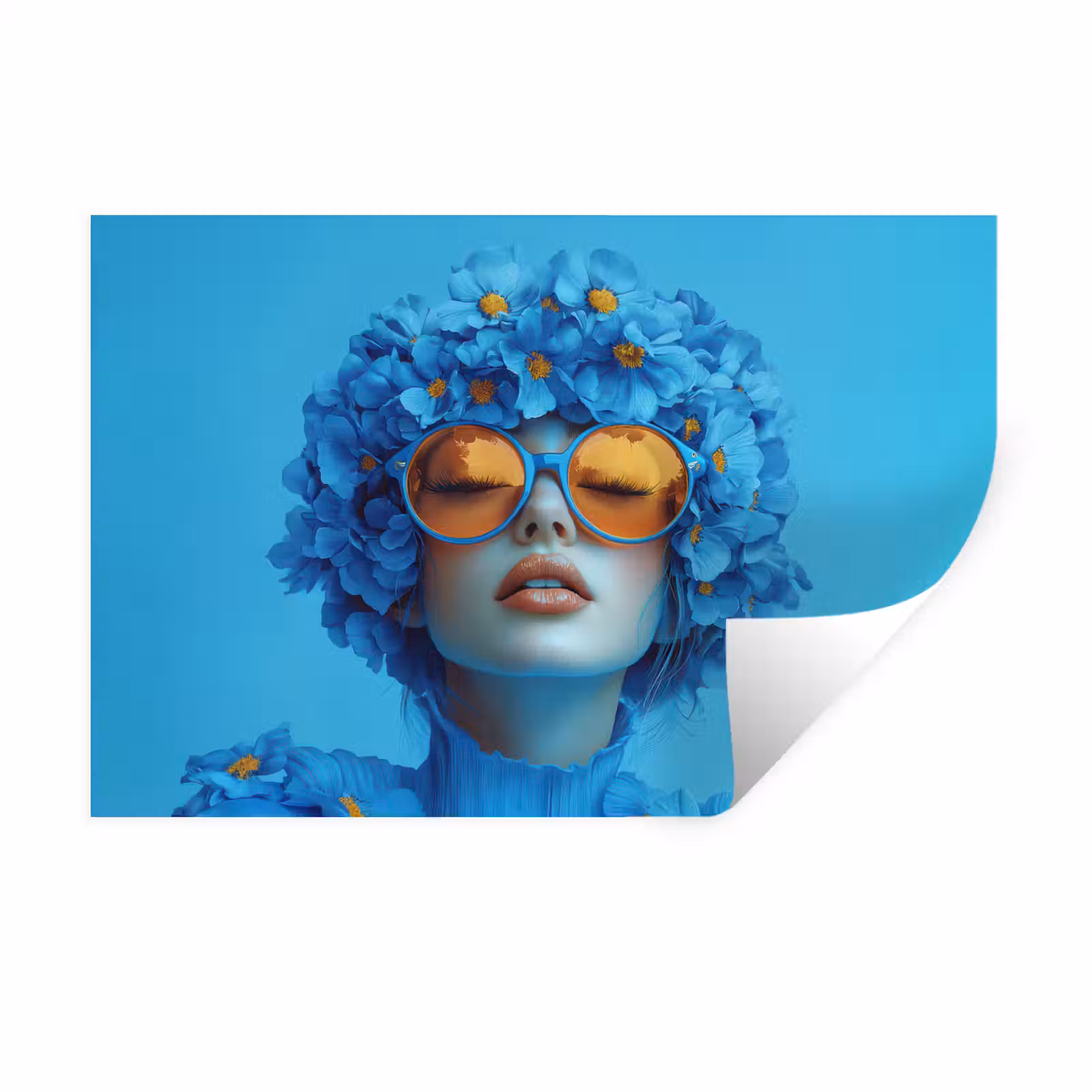 Muursticker - Vrouw - Bloem - Blauw - Modern - Bril - Portret — 1